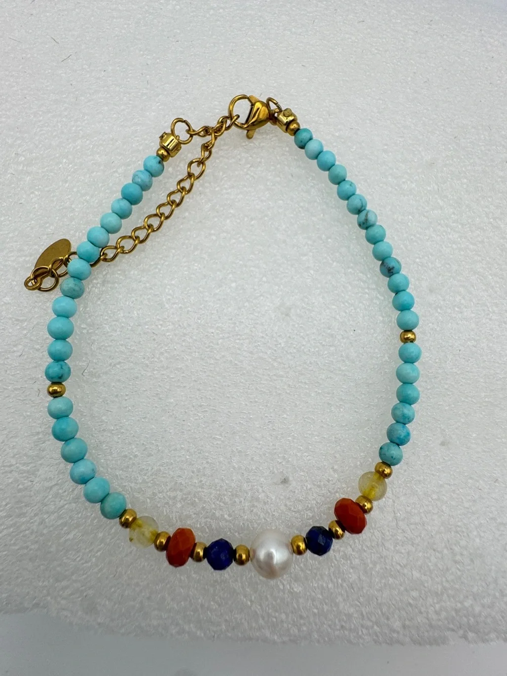 Stainless steel Turquoise gemstone and real freshwater pearl dainty bracelet